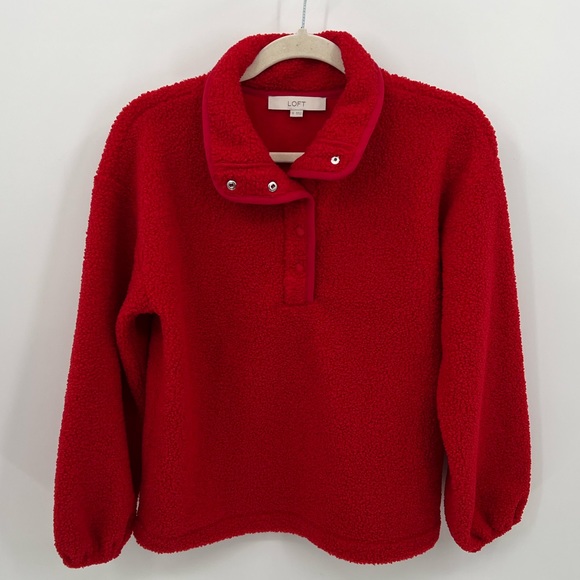 LOFT Sherpa snap collar red pullover - Picture 2 of 11